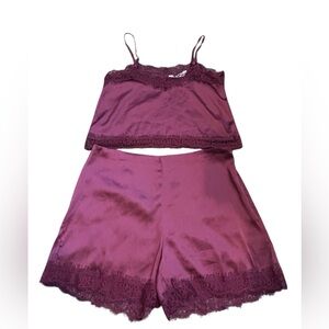 Paper Moon Satin Lace Cami & Shorts Set Burgundy TOP size medium bottoms Size L